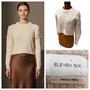 ELEVEN SIX Tan Alpaca Wool Blend Cable‎ Knit Fringe Sweater Women Sz M Fisherman
